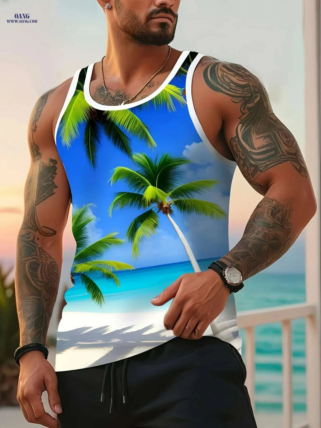 Stylish Gradient Blue to Pink Tank Top - Premium Digital Print for Men   OAXG Vibrant Blue / S