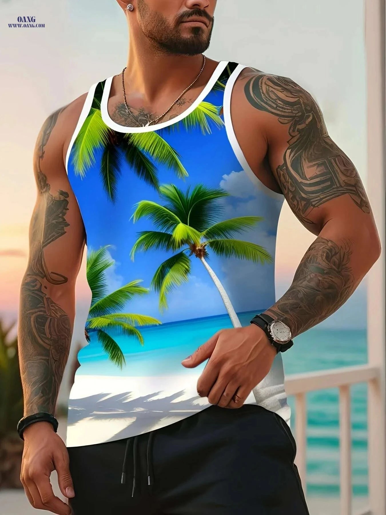 Stylish Gradient Blue to Pink Tank Top - Premium Digital Print for Men   OAXG Vibrant Blue / S