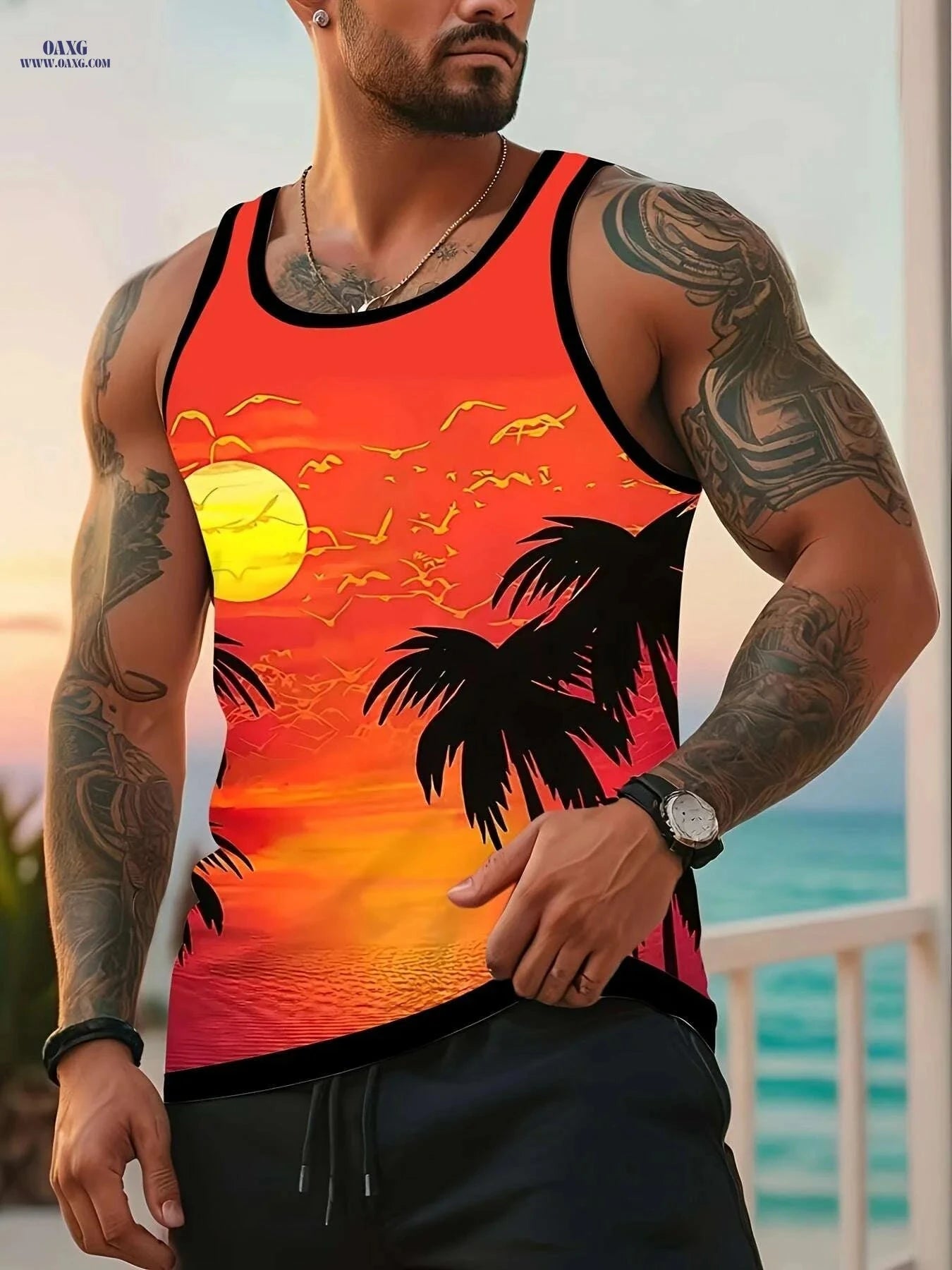 Stylish Gradient Blue to Pink Tank Top - Premium Digital Print for Men   OAXG Vibrant Blue / S