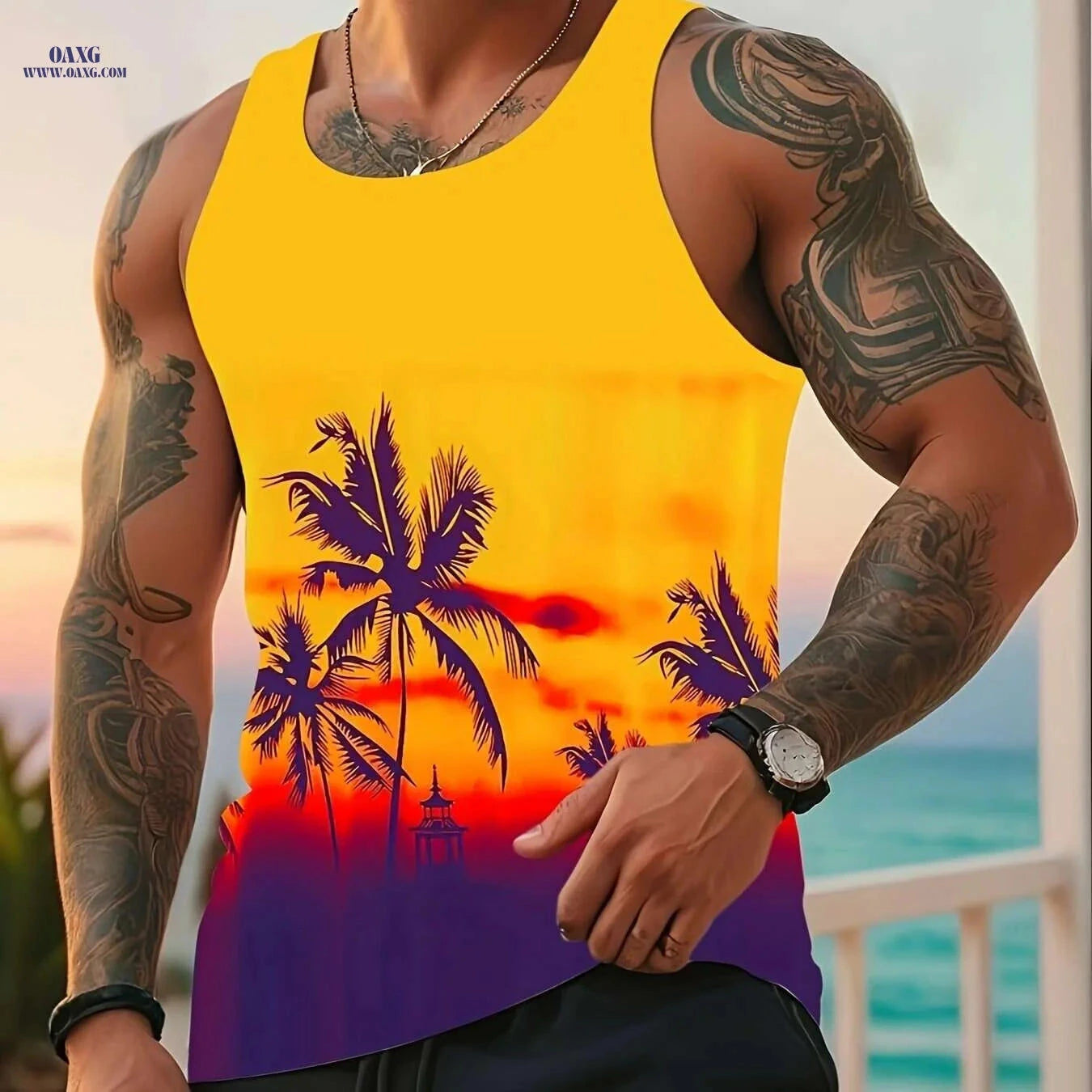 Stylish Gradient Blue to Pink Tank Top - Premium Digital Print for Men   OAXG Vibrant Blue / S