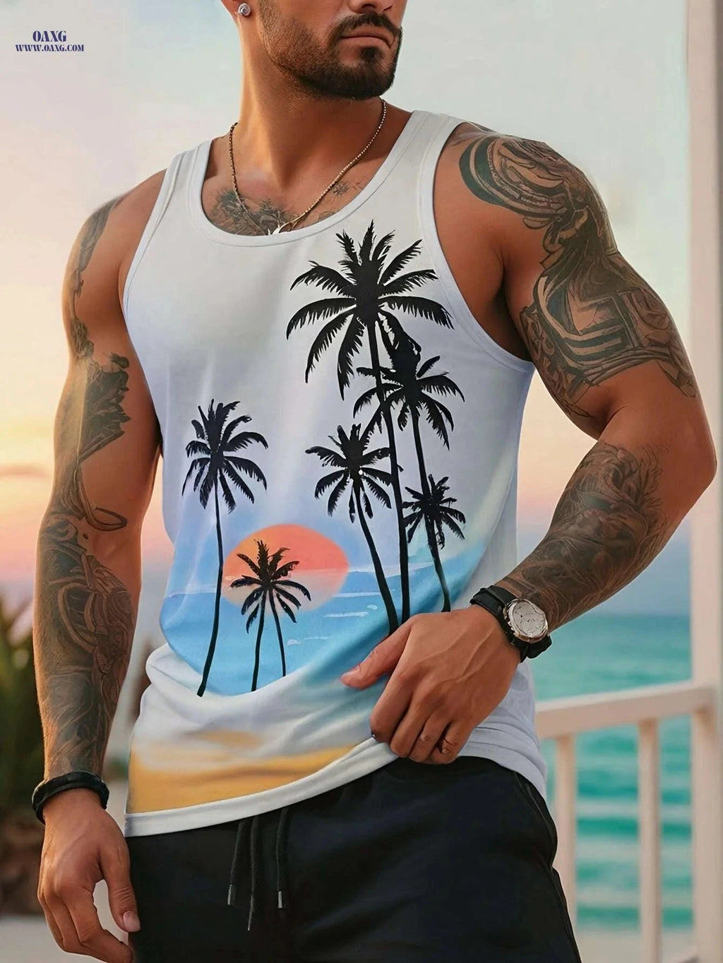 Stylish Gradient Blue to Pink Tank Top - Premium Digital Print for Men   OAXG Vibrant Blue / S