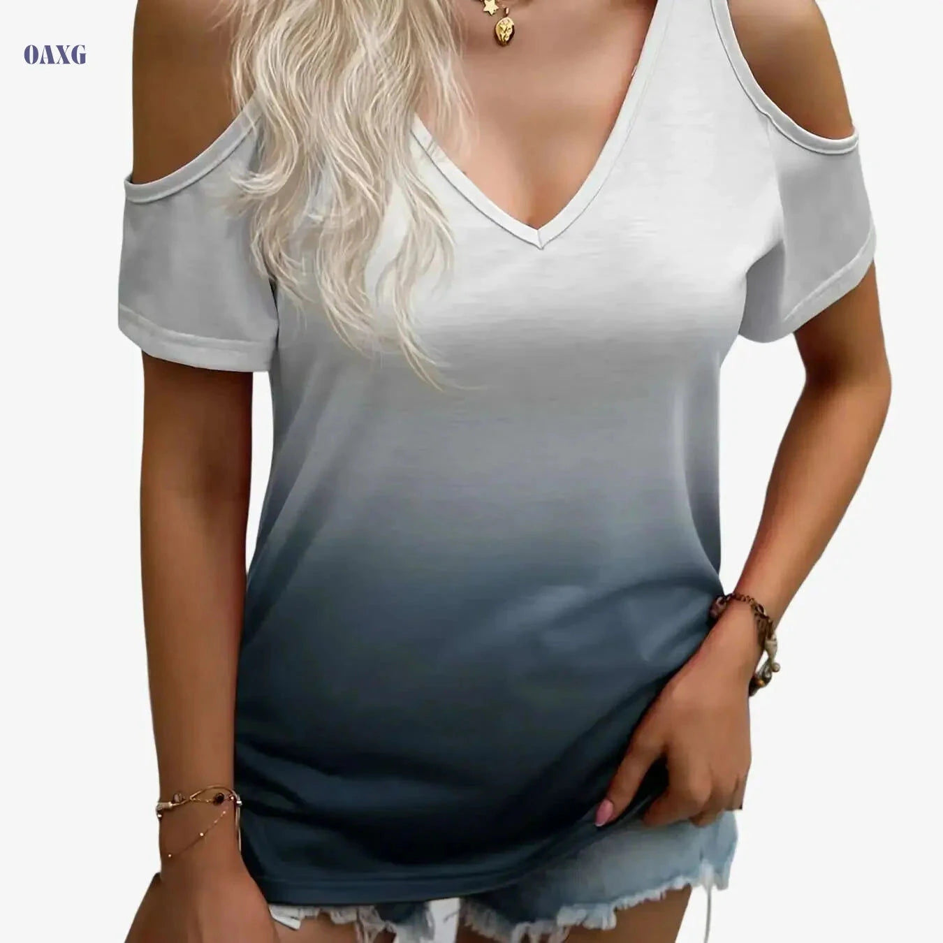 Stylish Gradient Cold Shoulder T-Shirt - Casual V Neck for Women   OAXG 