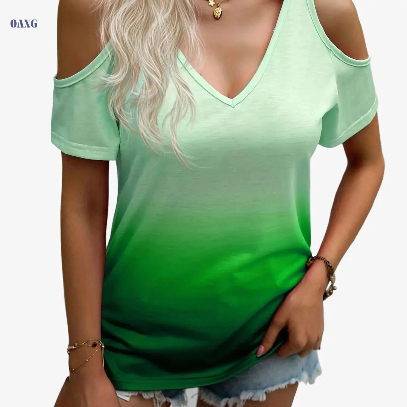 Stylish Gradient Cold Shoulder T-Shirt - Casual V Neck for Women   OAXG 