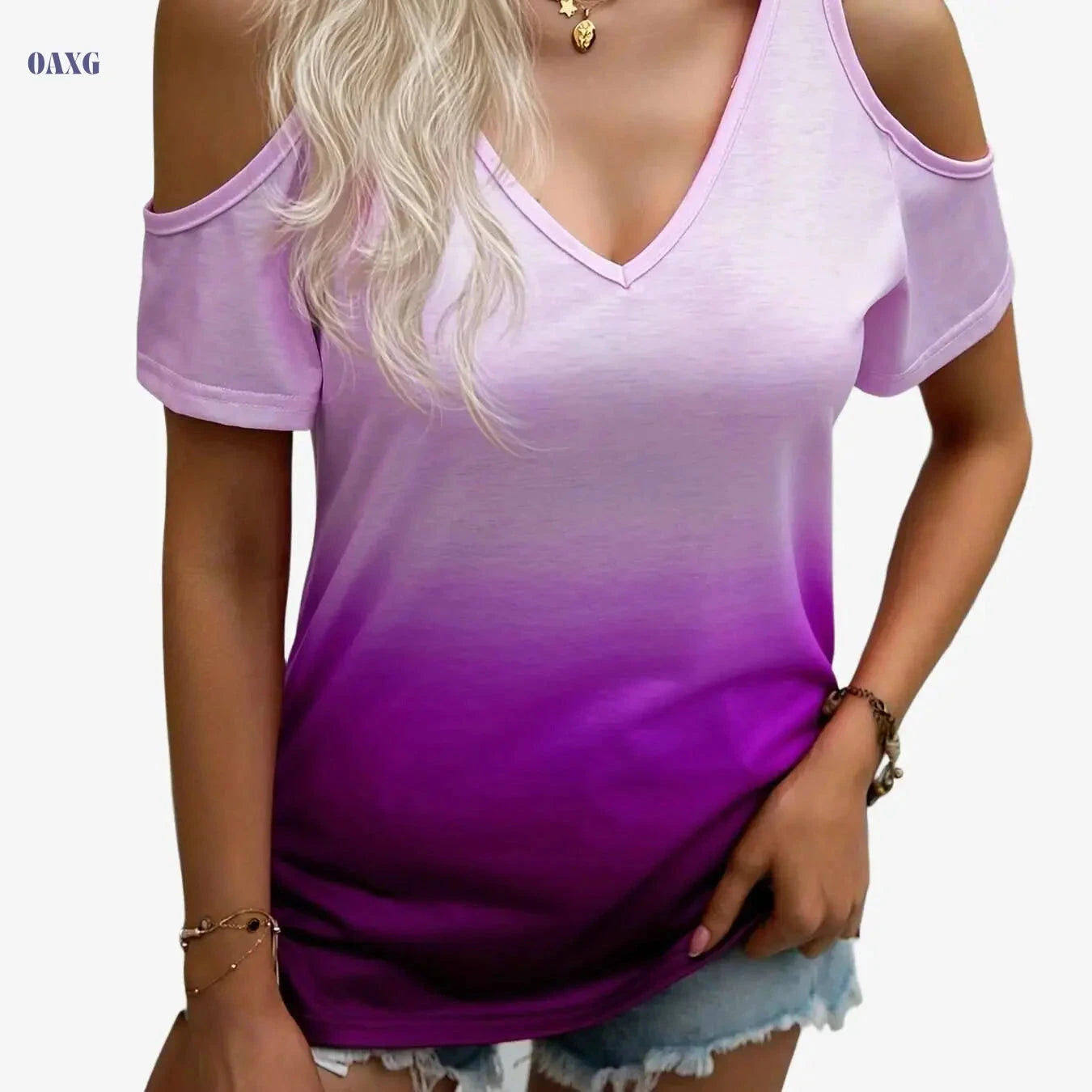 Stylish Gradient Cold Shoulder T-Shirt - Casual V Neck for Women   OAXG 