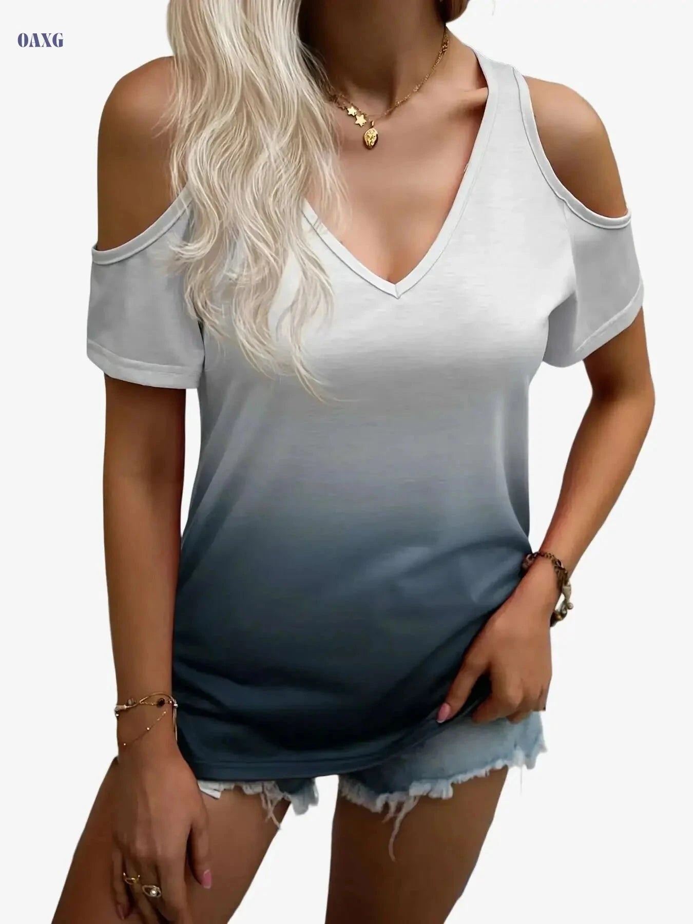 Stylish Gradient Cold Shoulder T-Shirt - Casual V Neck for Women   OAXG Purple / S