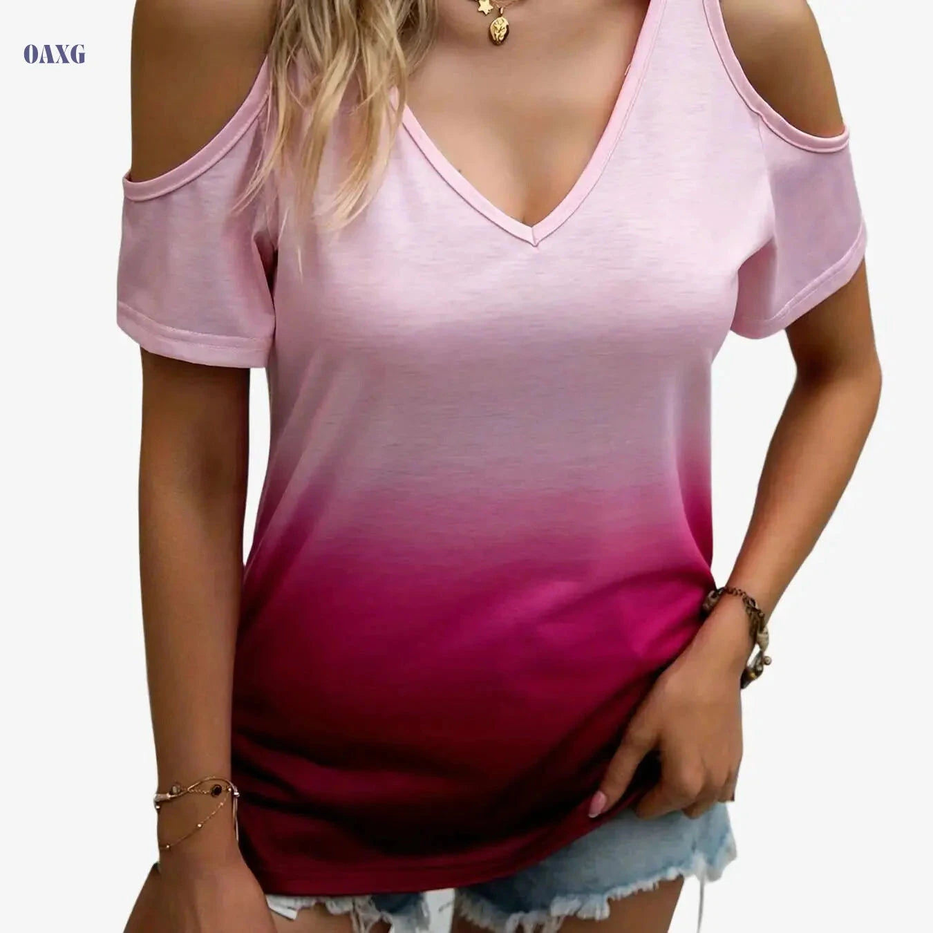 Stylish Gradient Cold Shoulder T-Shirt - Casual V Neck for Women   OAXG Purple / S