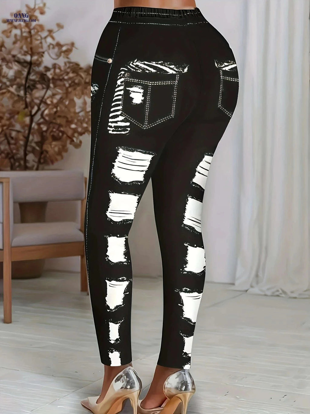 Stylish High-Stretch Skinny Leggings - Elegant Faux Denim Print   OAXG Black / S