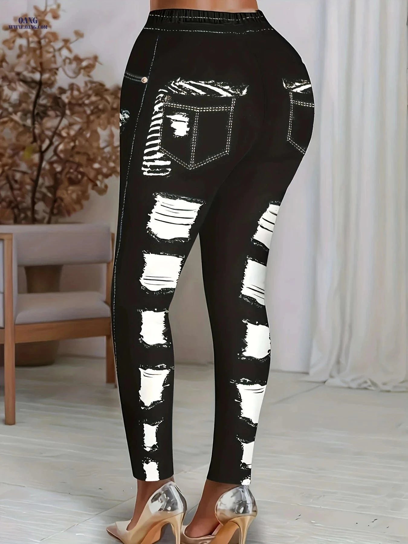 Stylish High-Stretch Skinny Leggings - Elegant Faux Denim Print   OAXG Black / S
