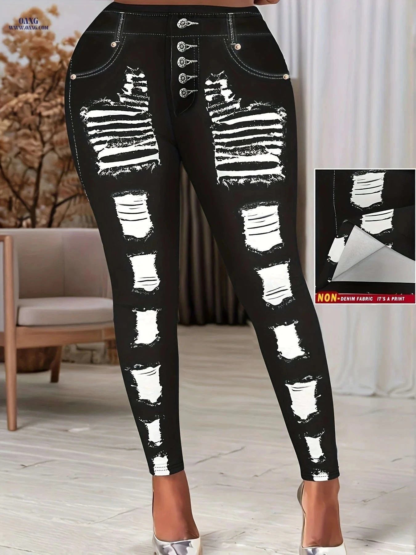 Stylish High-Stretch Skinny Leggings - Elegant Faux Denim Print   OAXG Black / S