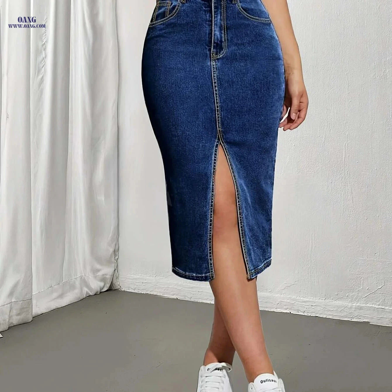 Stylish High-Waisted Denim-Like Skirt for Women - Elegant & Stretchy   OAXG 