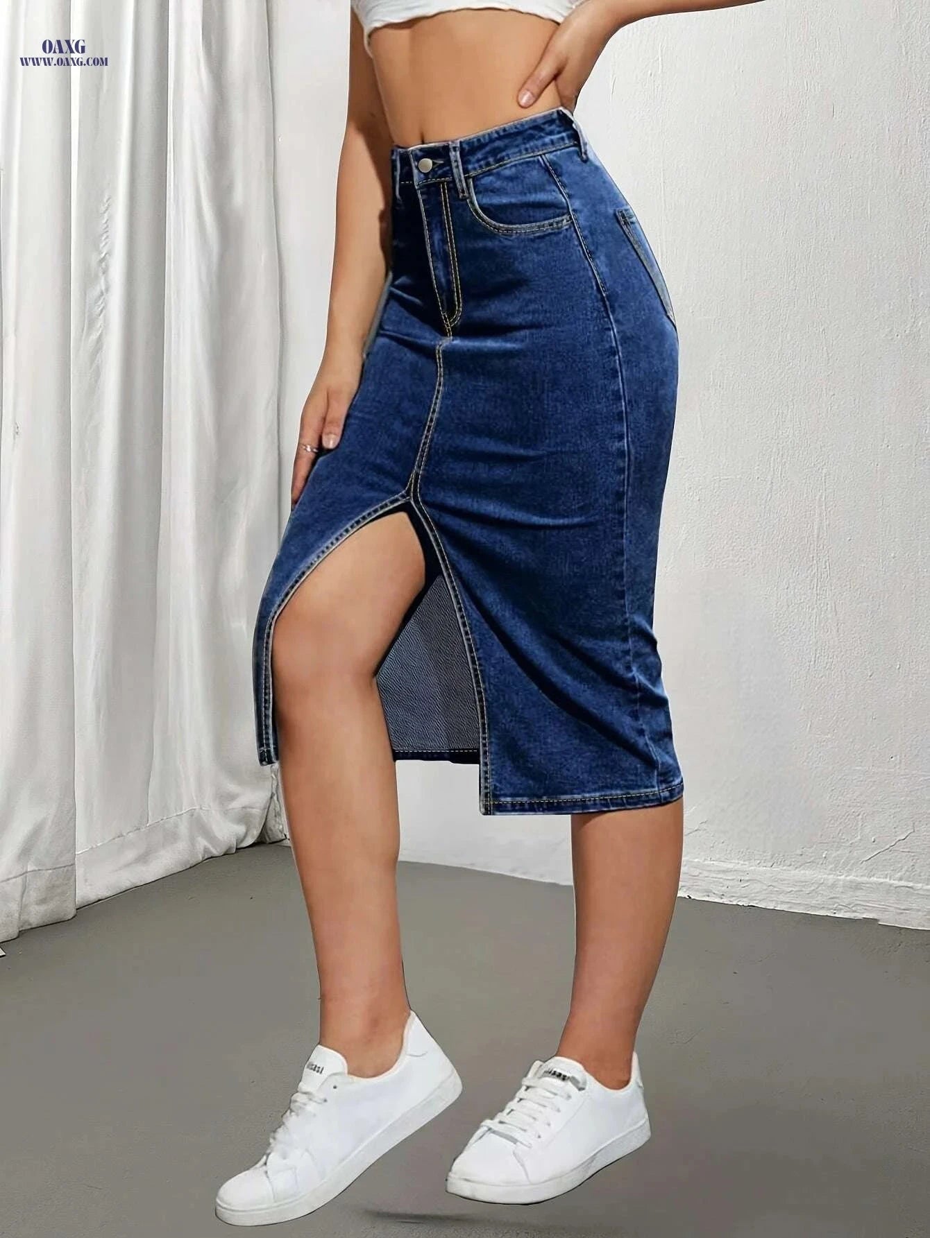 Stylish High-Waisted Denim-Like Skirt for Women - Elegant & Stretchy   OAXG 