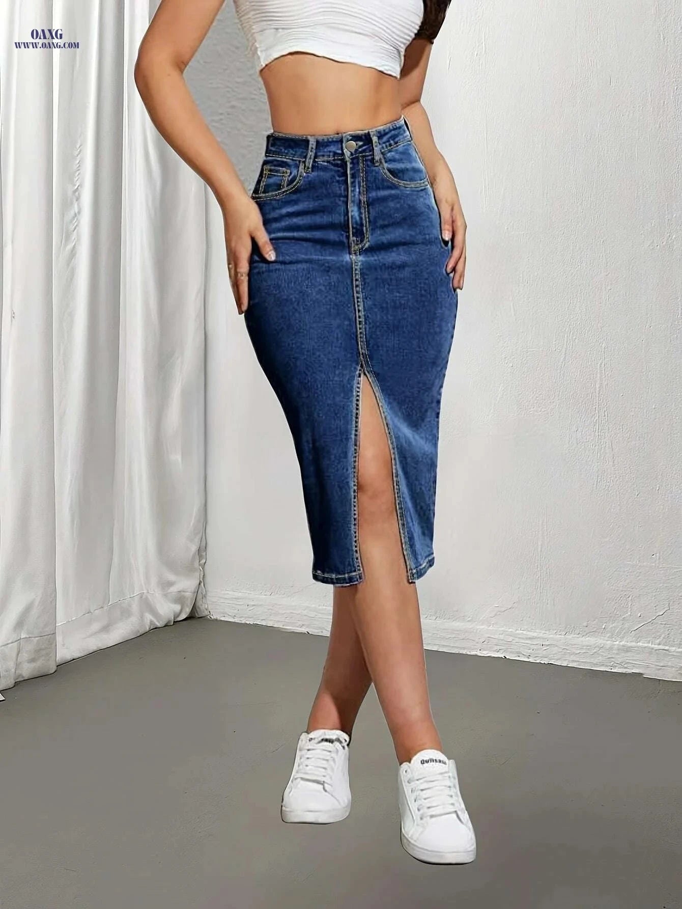 Stylish High-Waisted Denim-Like Skirt for Women - Elegant & Stretchy   OAXG Blue / XS