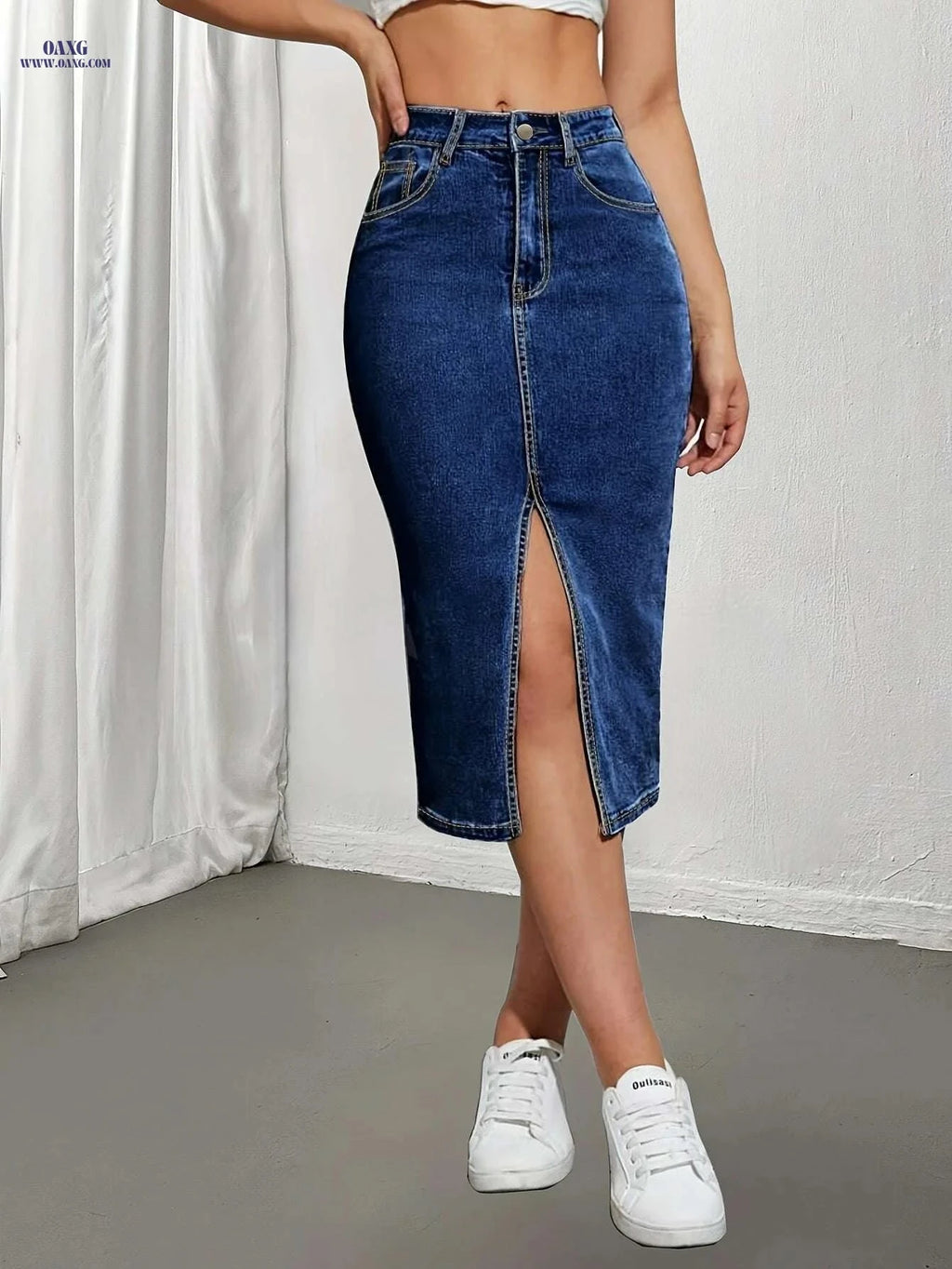 Stylish High-Waisted Denim-Like Skirt for Women - Elegant & Stretchy   OAXG Blue / XS