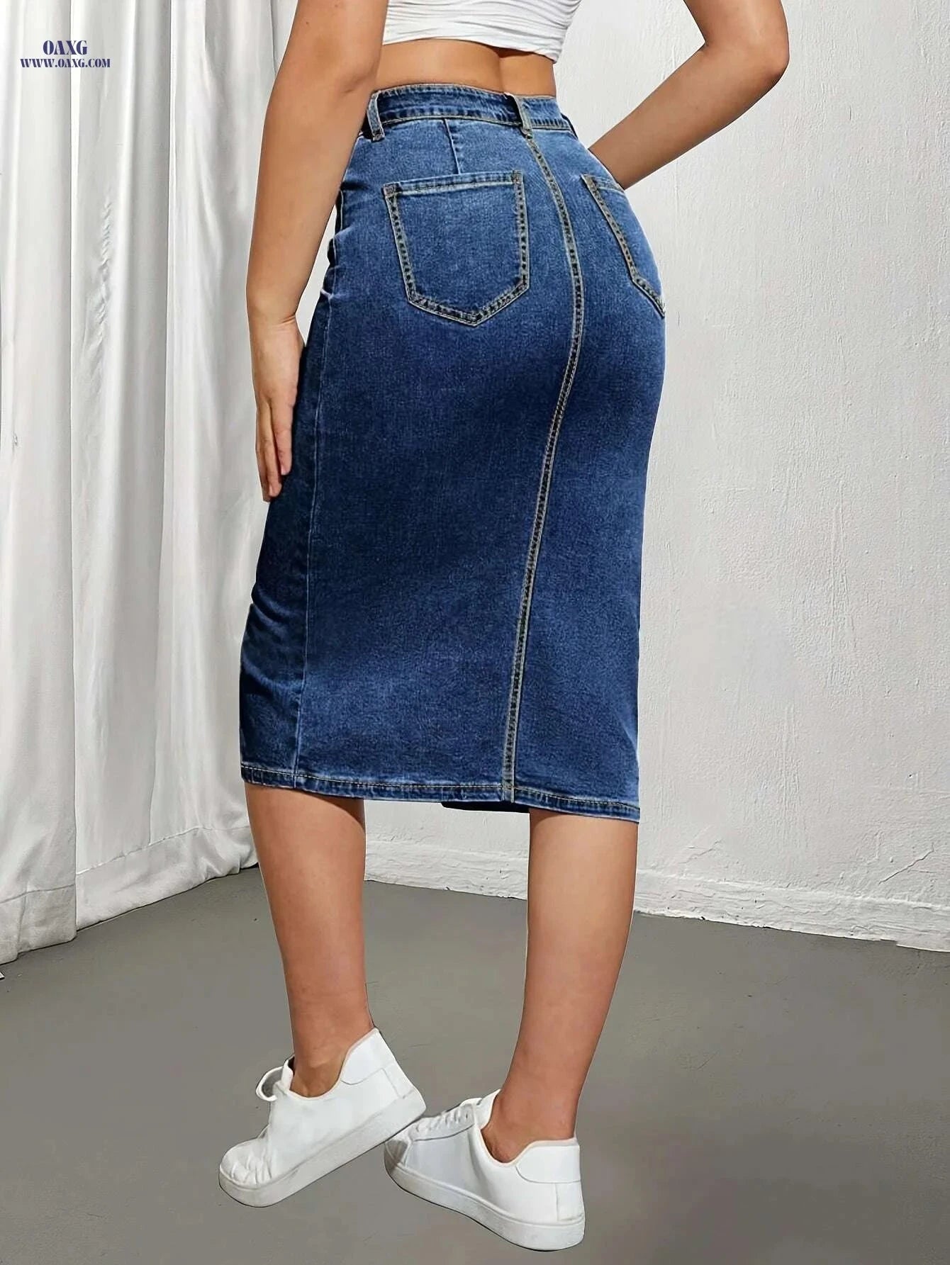 Stylish High-Waisted Denim-Like Skirt for Women - Elegant & Stretchy   OAXG Blue / XS