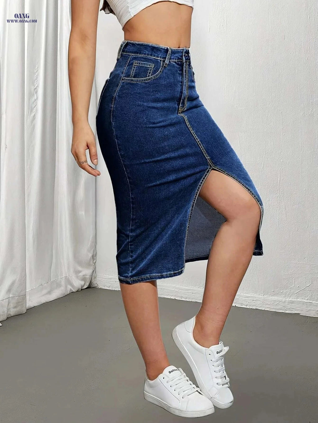Stylish High-Waisted Denim-Like Skirt for Women - Elegant & Stretchy   OAXG Blue / XS