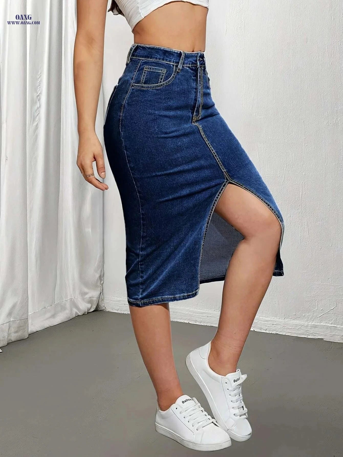 Stylish High-Waisted Denim-Like Skirt for Women - Elegant & Stretchy   OAXG Blue / XS