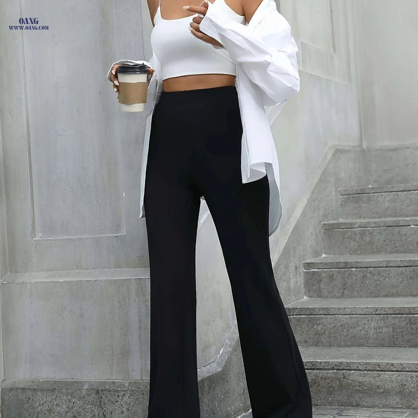 Stylish High-Waisted Slim-Fit Trousers - Casual Spring/Fall Wear   OAXG Black / XS