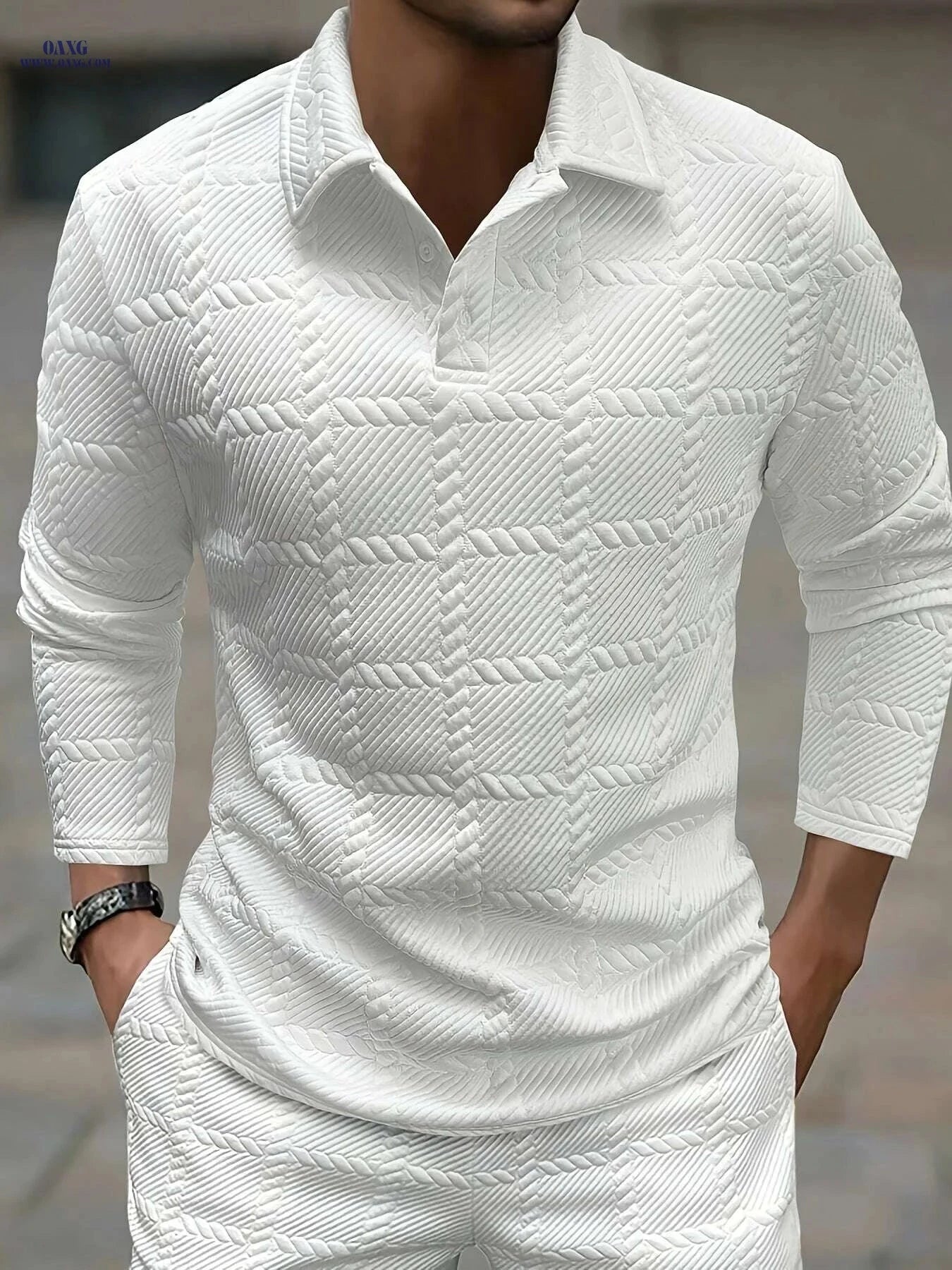 Stylish Knitted Jacquard Polo Shirt for Men - Casual Spring & Autumn   OAXG 