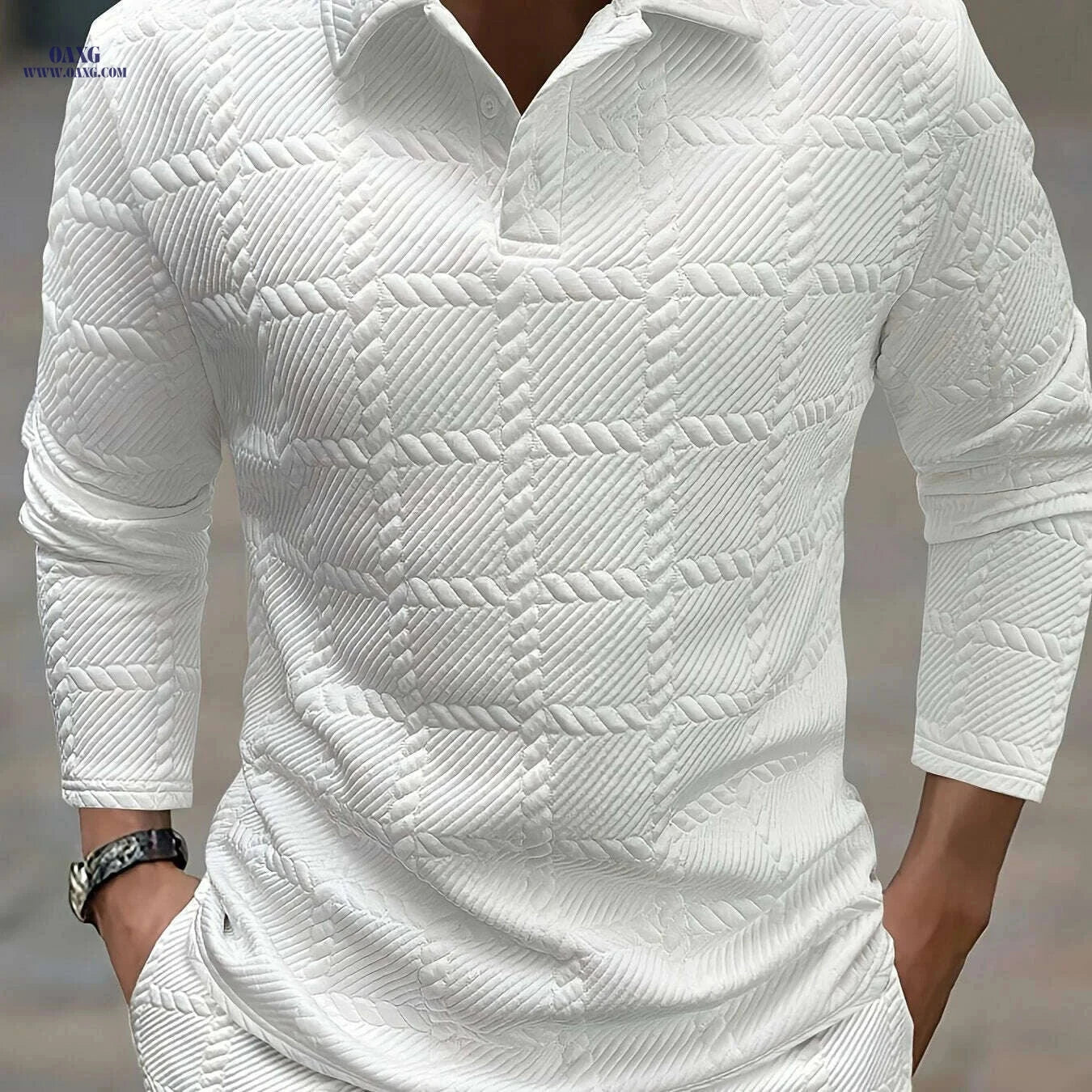 Stylish Knitted Jacquard Polo Shirt for Men - Casual Spring & Autumn   OAXG White / S
