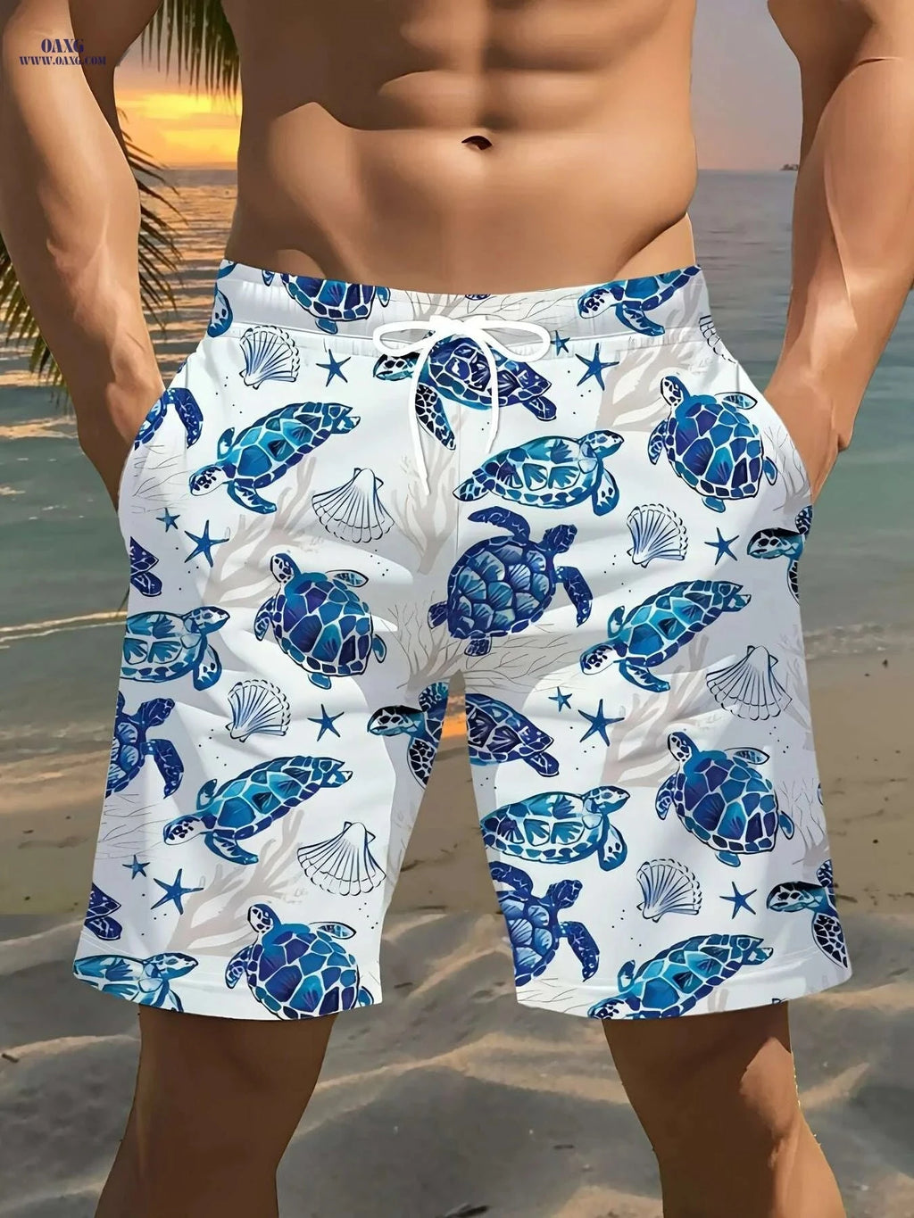 Stylish Lightweight Men's Beach Shorts - 3D Turtle Print Design   OAXG 