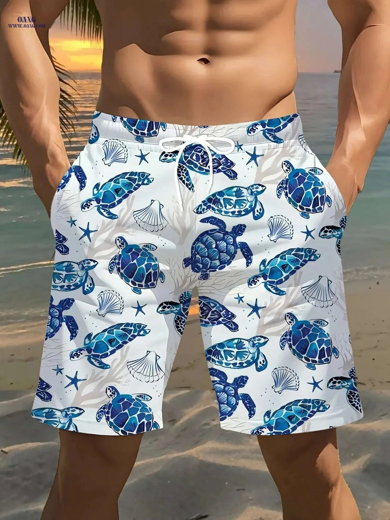 Stylish Lightweight Men's Beach Shorts - 3D Turtle Print Design   OAXG 