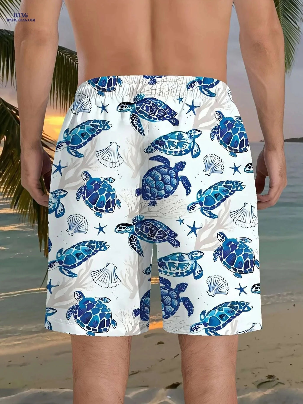Stylish Lightweight Men's Beach Shorts - 3D Turtle Print Design   OAXG White / S