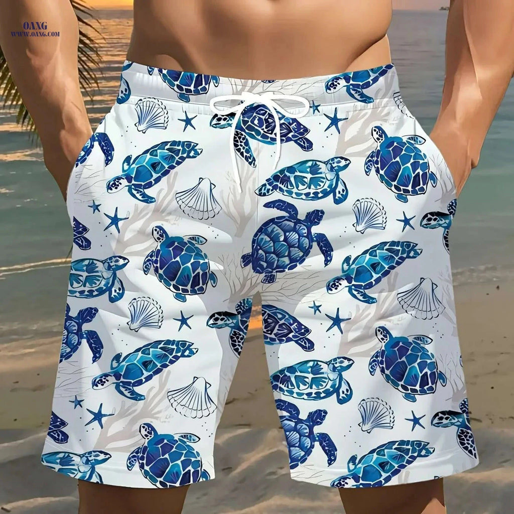 Stylish Lightweight Men's Beach Shorts - 3D Turtle Print Design   OAXG White / S