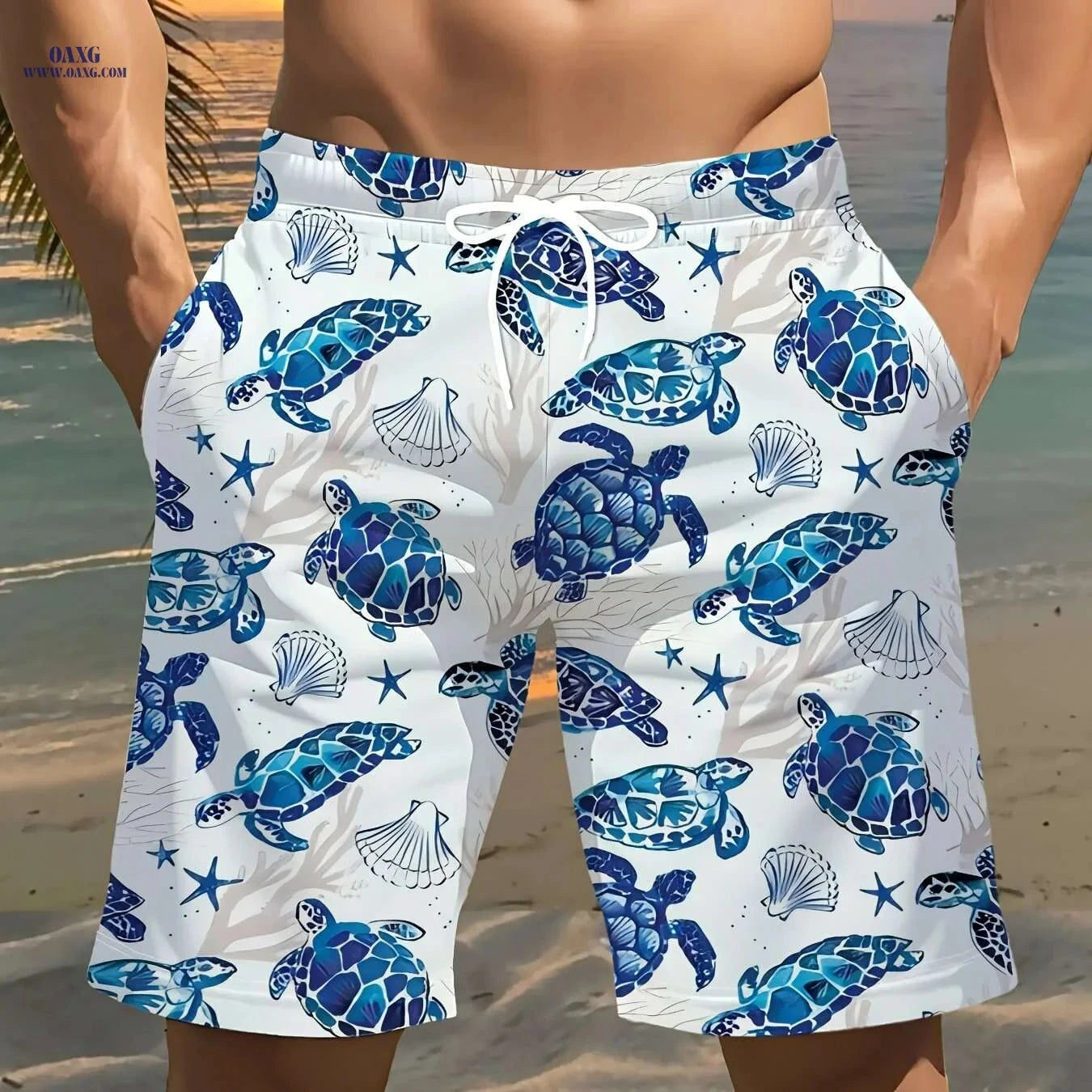 Stylish Lightweight Men's Beach Shorts - 3D Turtle Print Design   OAXG White / S
