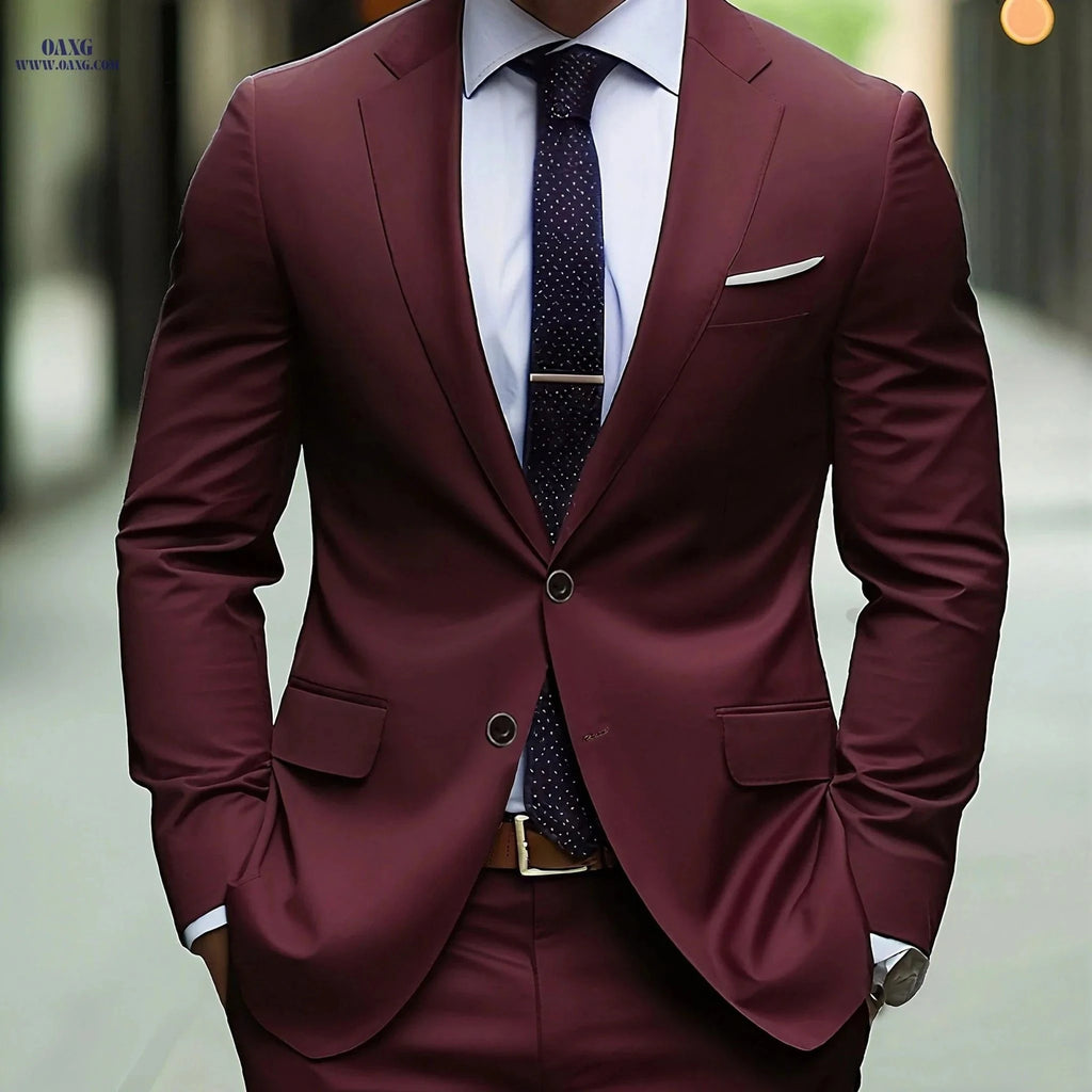Stylish Men's 2pcs Suit - Blazer & Trousers for Weddings & Work   OAXG Burgundy / FR XXS