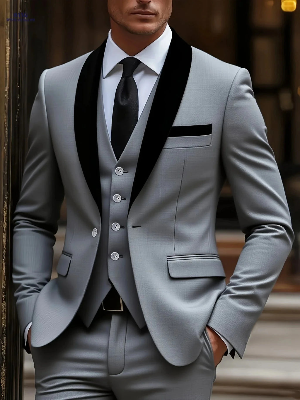 Stylish Men's 3-Piece Business Suit Set - Slim Fit Jacket, Vest, Trousers   OAXG Grey / FR XXS