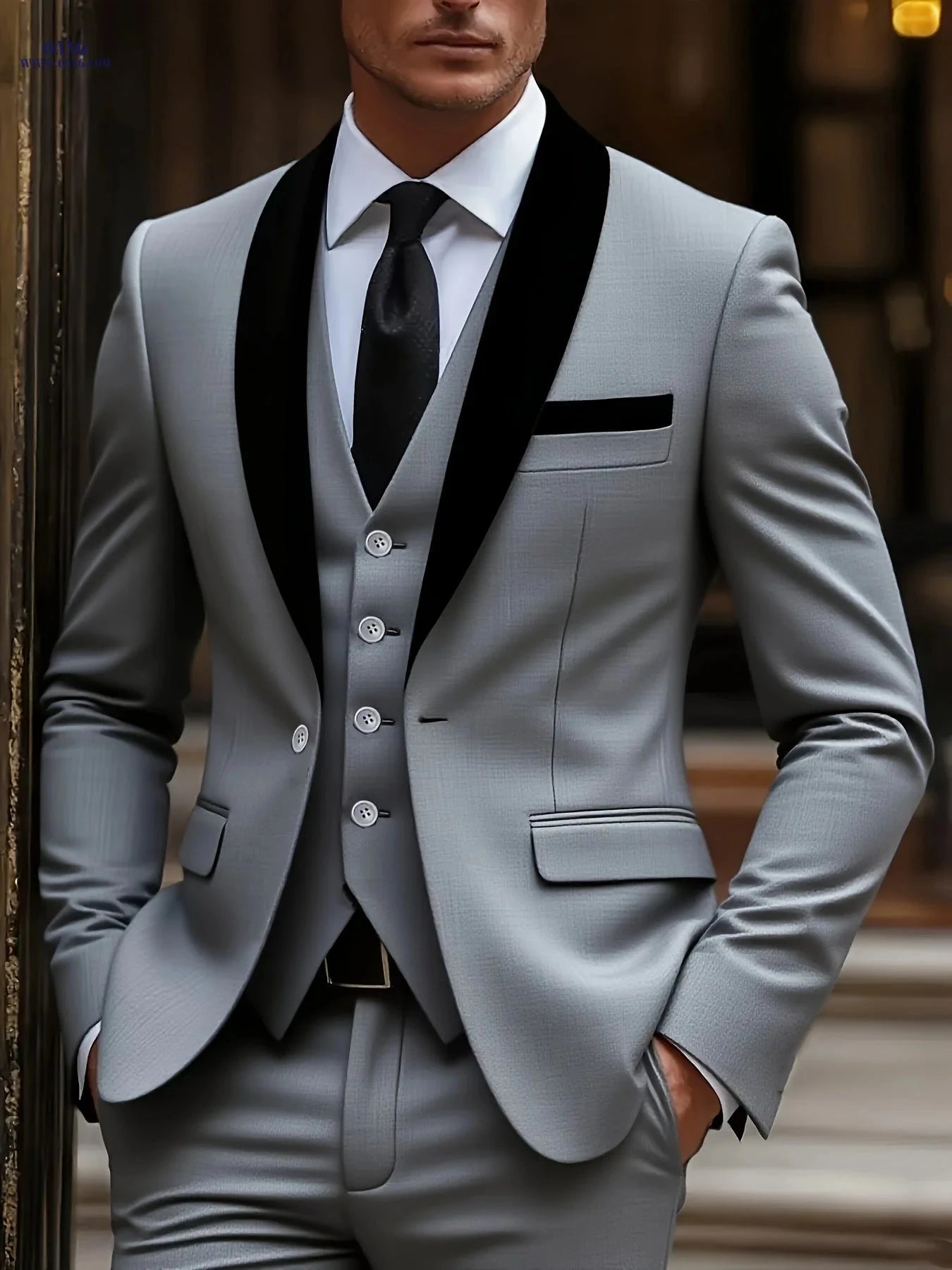 Stylish Men's 3-Piece Business Suit Set - Slim Fit Jacket, Vest, Trousers   OAXG Grey / FR XXS