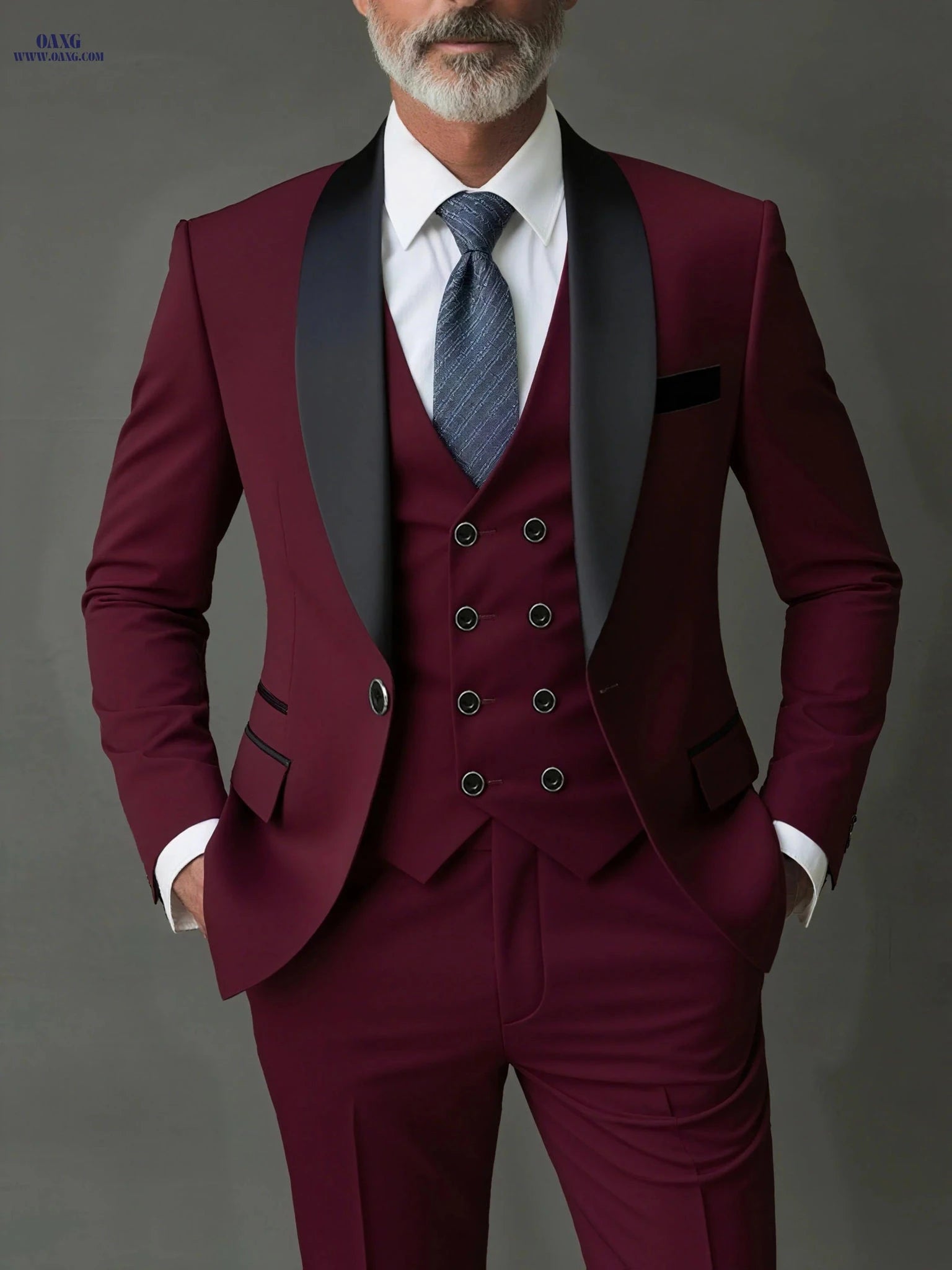 Stylish Men's 3-Piece Suit Set - Blazer, Vest, Trousers for Events   OAXG Burgundy / FR XXS