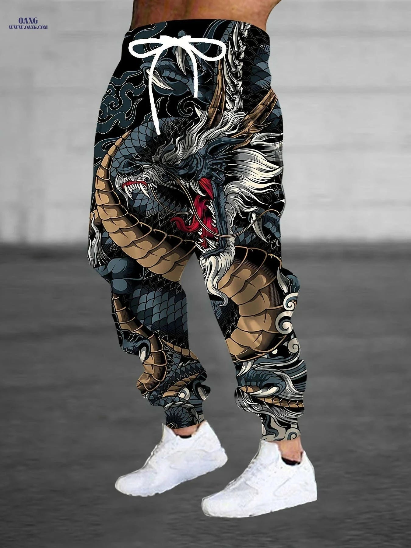 Stylish Men's 3D Dragon Print Sports Pants with Pockets & Drawstring   OAXG 