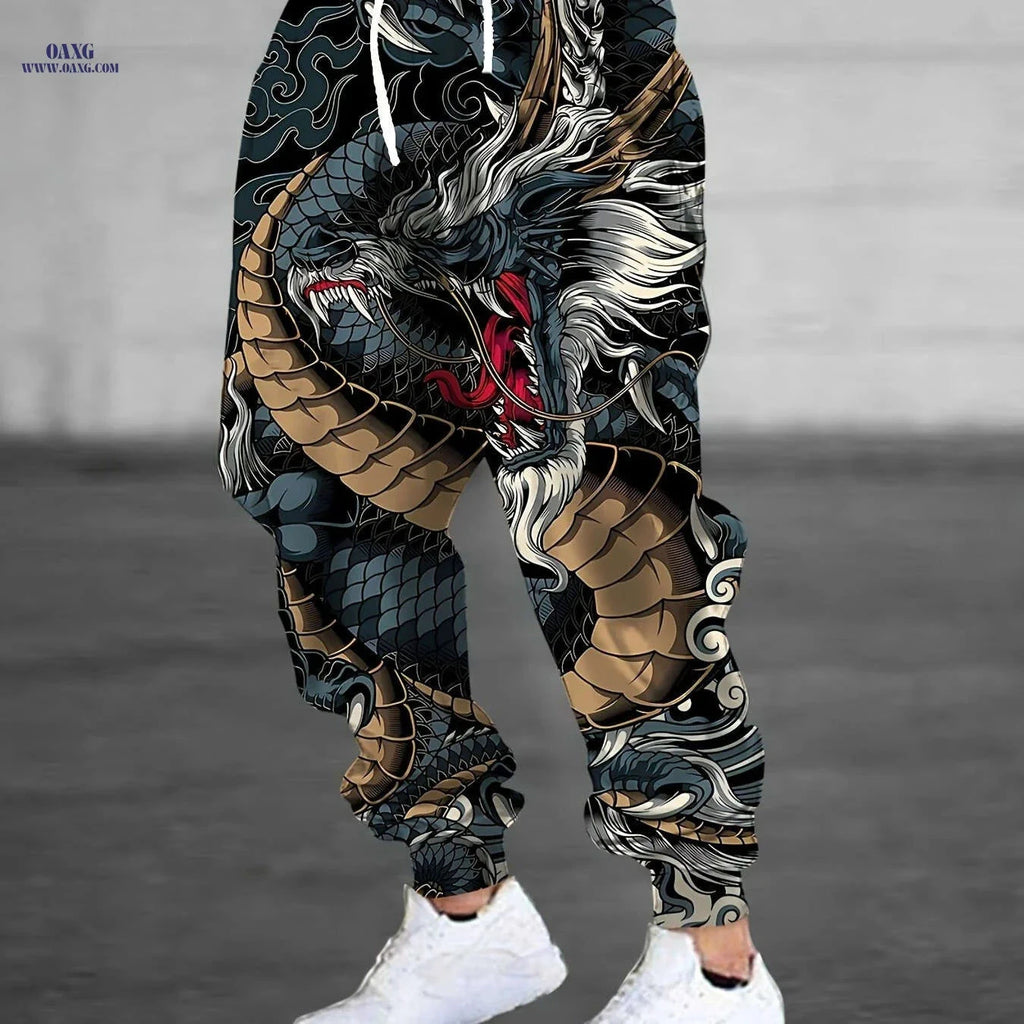 Stylish Men's 3D Dragon Print Sports Pants with Pockets & Drawstring   OAXG 