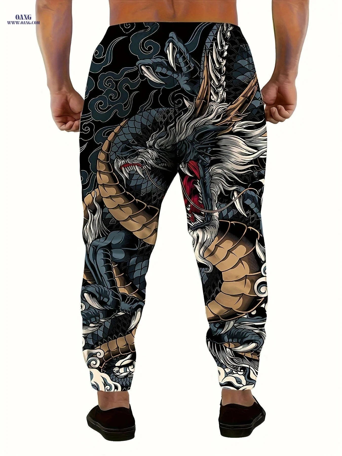 Stylish Men's 3D Dragon Print Sports Pants with Pockets & Drawstring   OAXG Mixed Color / FR S