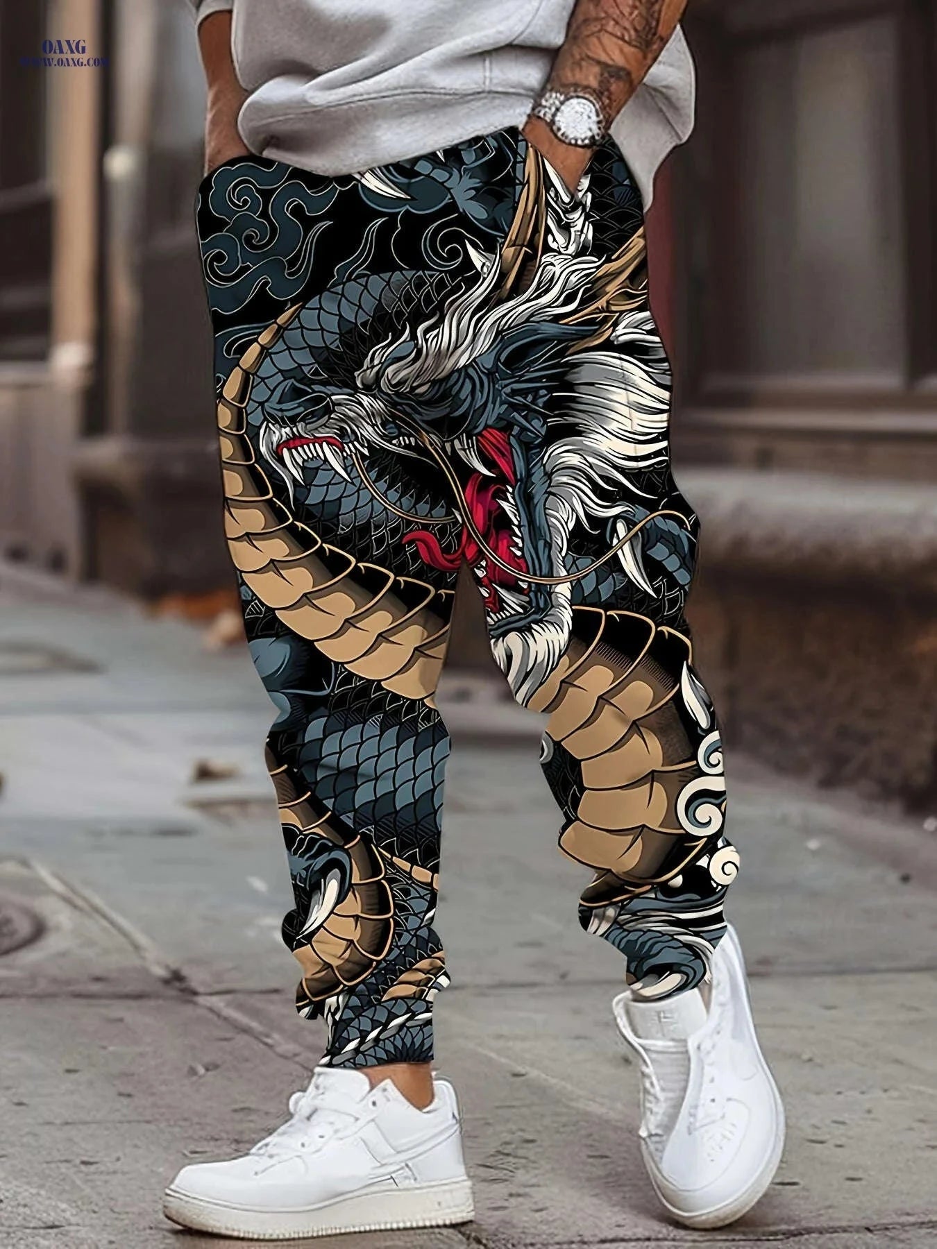 Stylish Men's 3D Dragon Print Sports Pants with Pockets & Drawstring   OAXG Mixed Color / FR S