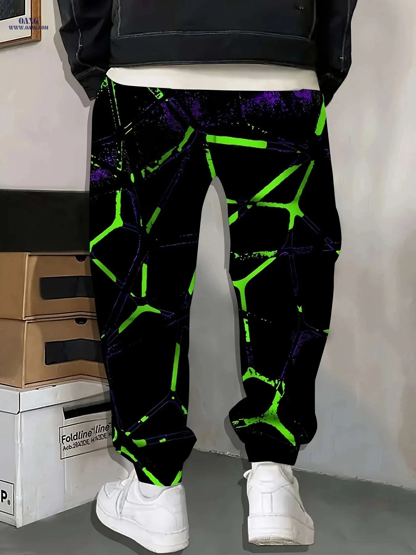 Stylish Men's 3D Green Pattern Sweatpants - Comfortable Drawstring Fit   OAXG 