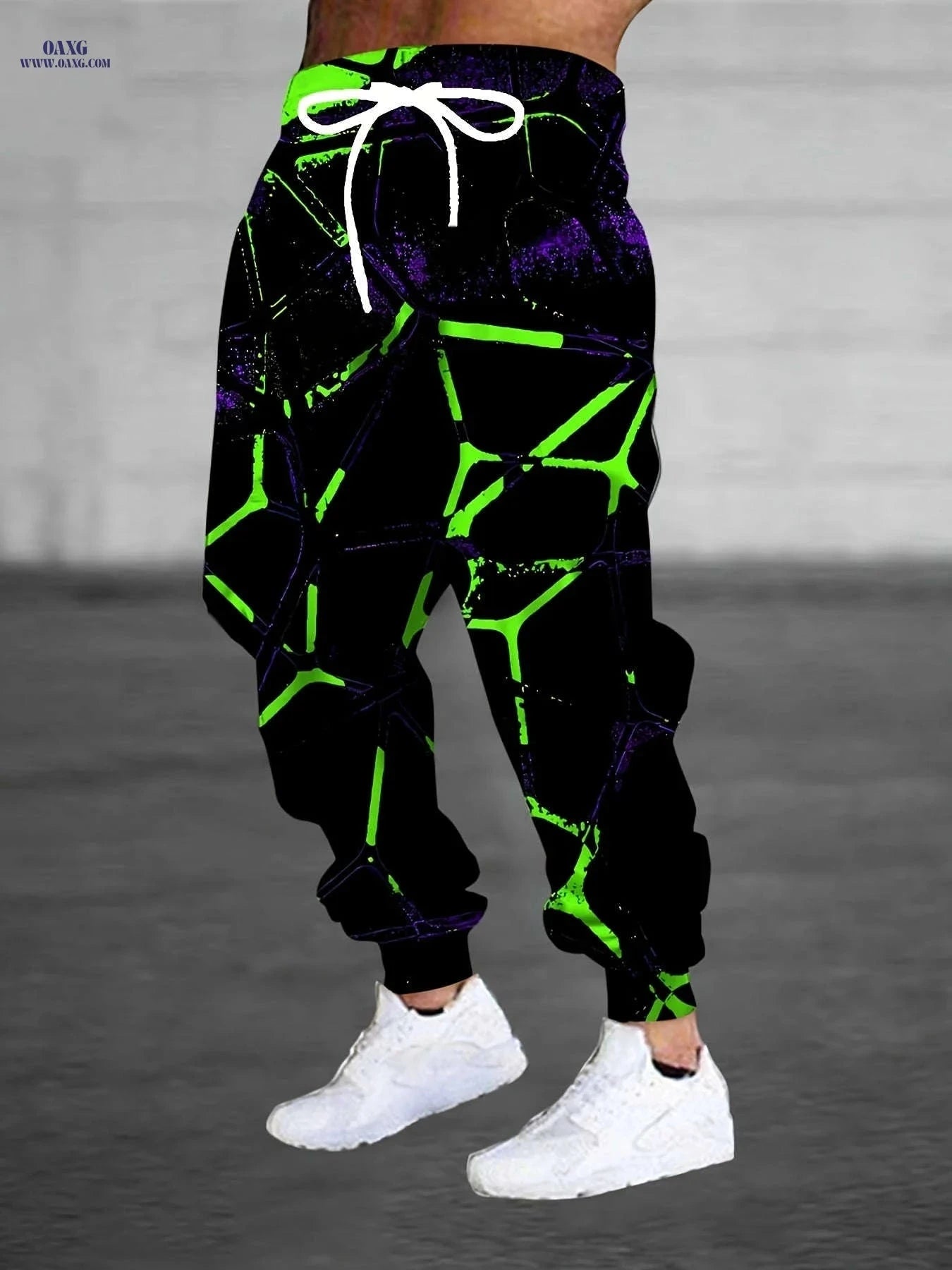 Stylish Men's 3D Green Pattern Sweatpants - Comfortable Drawstring Fit   OAXG 