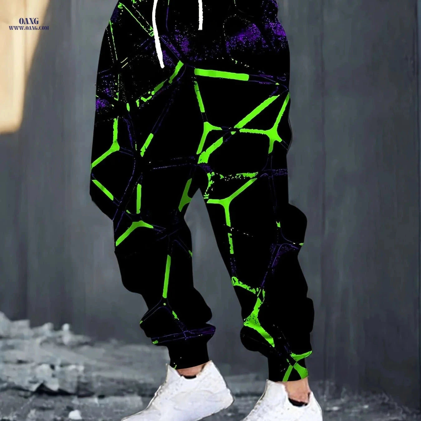 Stylish Men's 3D Green Pattern Sweatpants - Comfortable Drawstring Fit   OAXG 