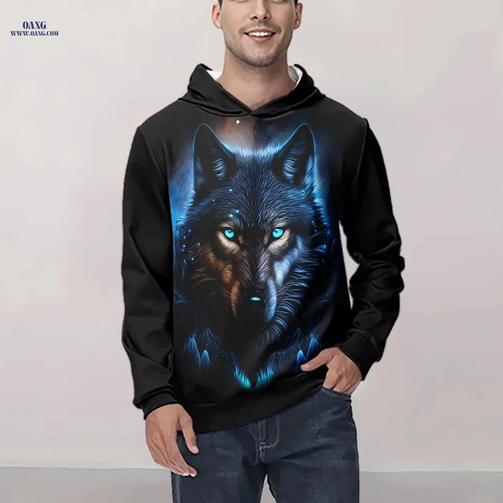 Stylish Men's 3D Wolf Print Hoodie - Casual Long Sleeve for Spring/Fall   OAXG 