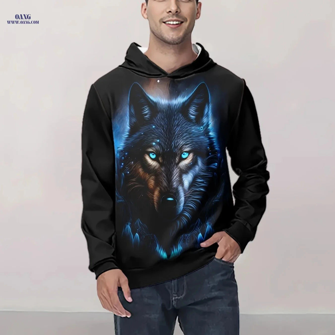 Stylish Men's 3D Wolf Print Hoodie - Casual Long Sleeve for Spring/Fall   OAXG 