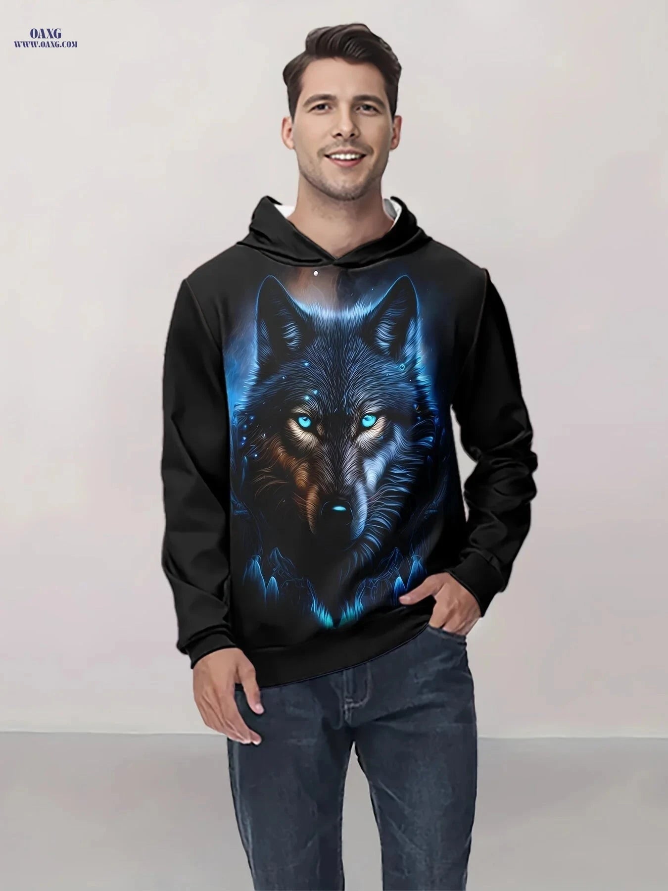 Stylish Men's 3D Wolf Print Hoodie - Casual Long Sleeve for Spring/Fall   OAXG Black / FR S
