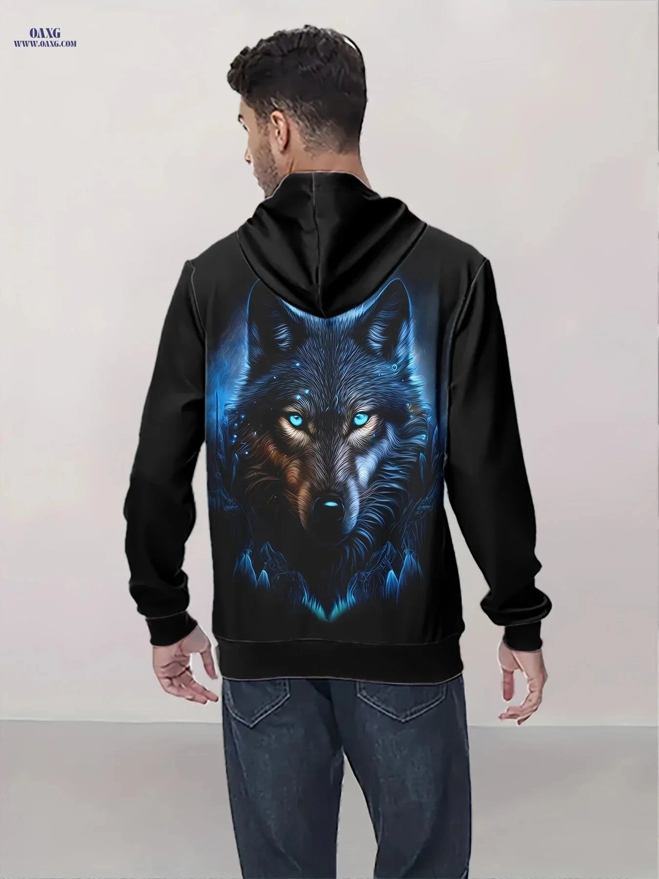 Stylish Men's 3D Wolf Print Hoodie - Casual Long Sleeve for Spring/Fall   OAXG Black / FR S