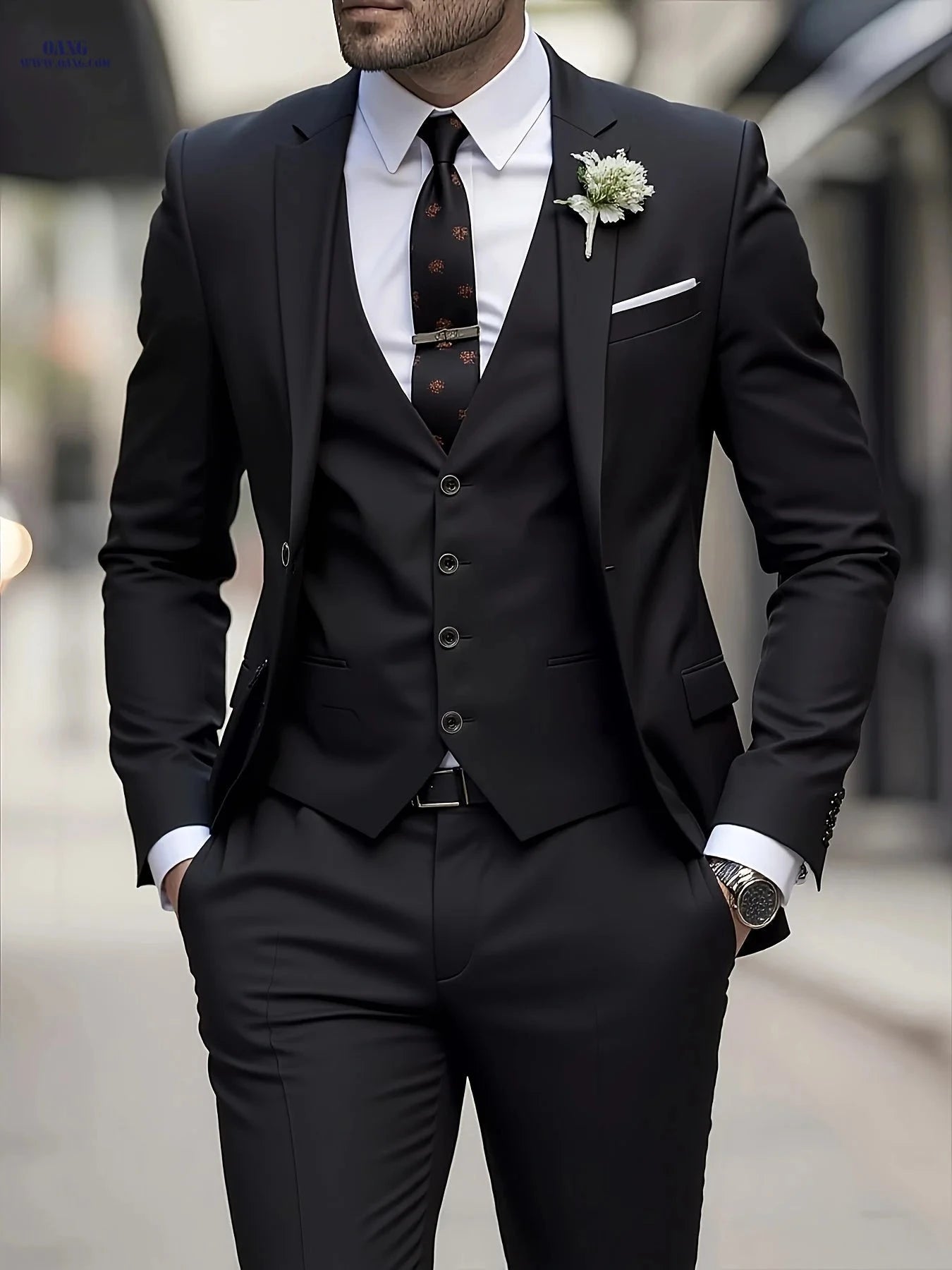 Stylish Men's 3pcs Suit Set - Jacket, Vest & Trousers for Events   OAXG Burgundy / FR XXS