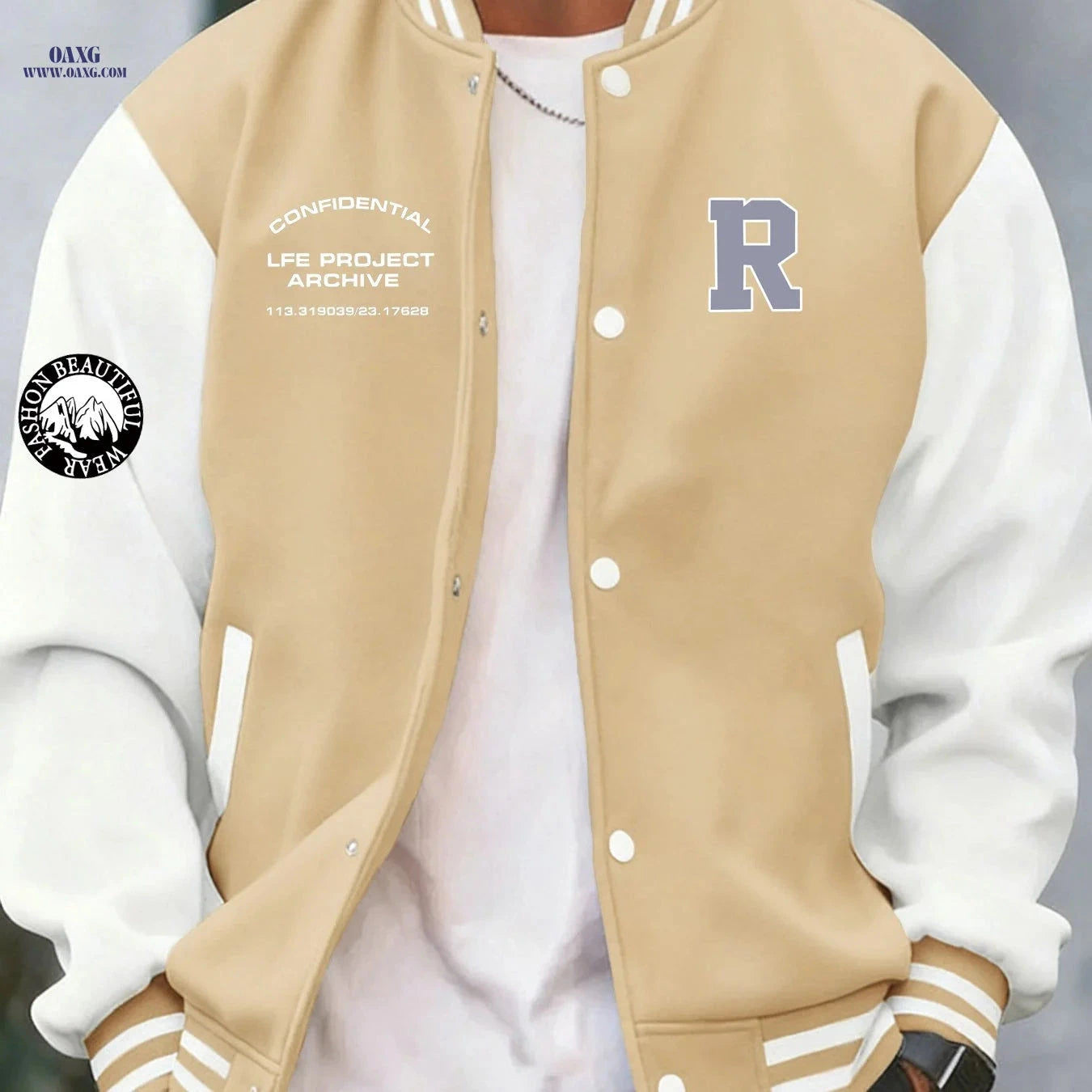 Stylish Men's Baseball Jacket - Creative 'R' Print, Casual Fit   OAXG 