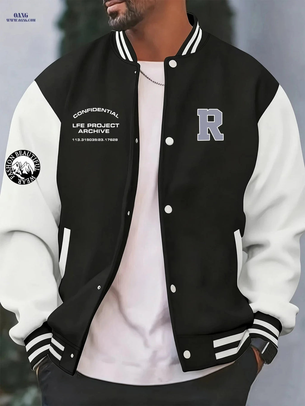 Stylish Men's Baseball Jacket - Creative 'R' Print, Casual Fit   OAXG 
