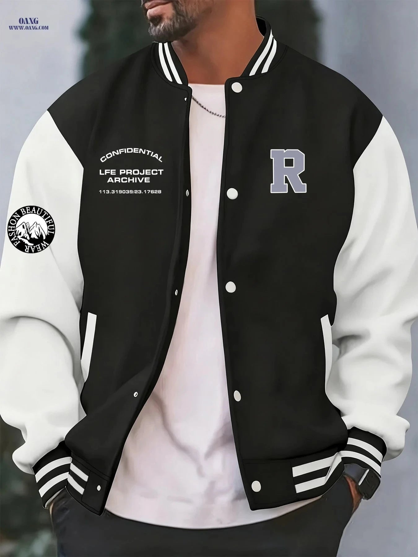Stylish Men's Baseball Jacket - Creative 'R' Print, Casual Fit   OAXG 