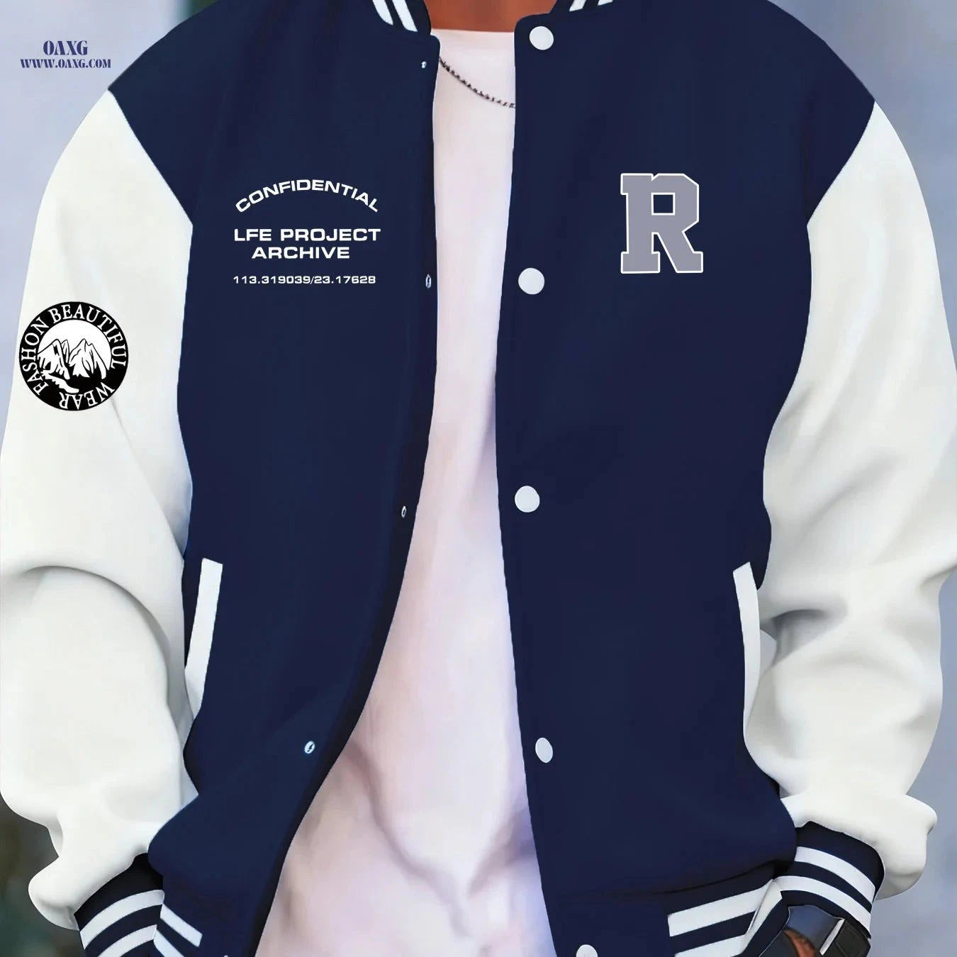 Stylish Men's Baseball Jacket - Creative 'R' Print, Casual Fit   OAXG 
