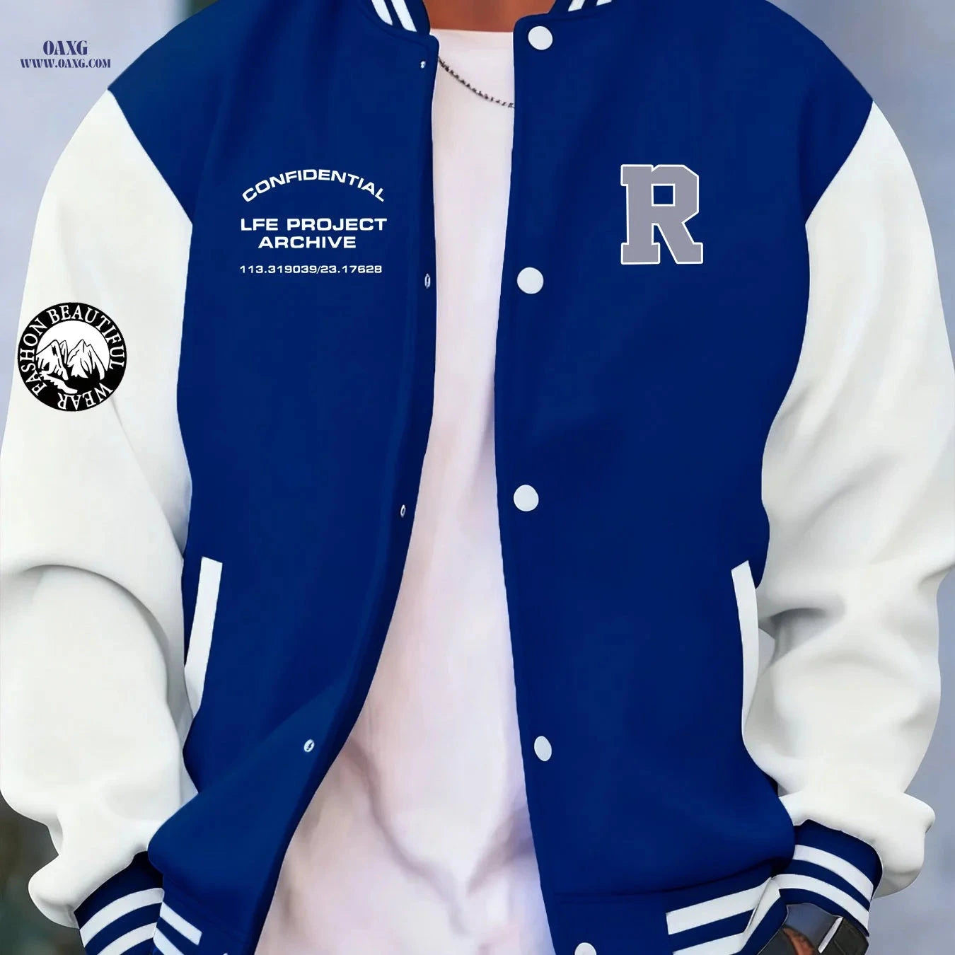 Stylish Men's Baseball Jacket - Creative 'R' Print, Casual Fit   OAXG 