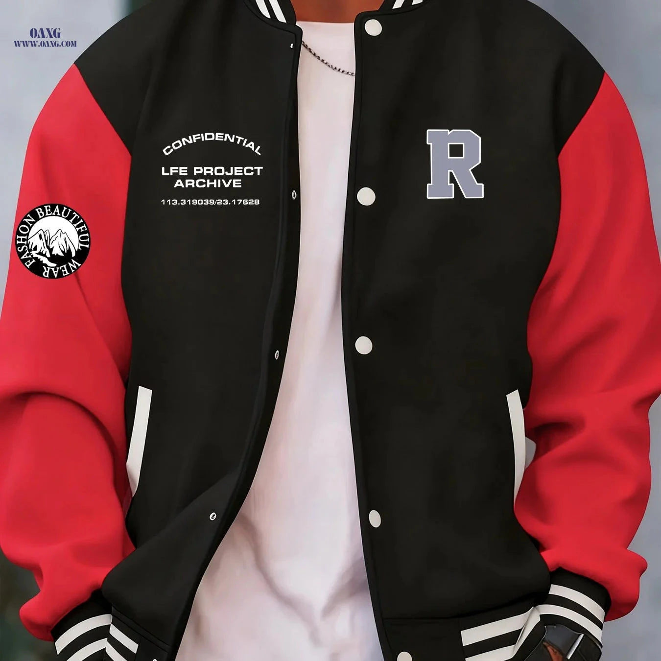 Stylish Men's Baseball Jacket - Creative 'R' Print, Casual Fit   OAXG 